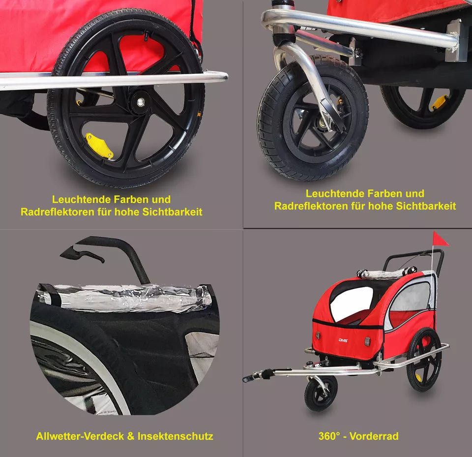 DMS® Fahrradanhänger 2in1 Kinderanhänger Fahrrad Anhänger Jogger Radanhänger